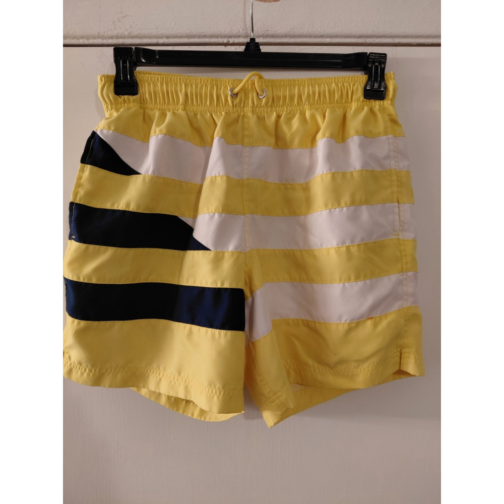 Mens Land End Yellow Striped Lined Swimwear Trunks Shorts Size Medium Summer EUC